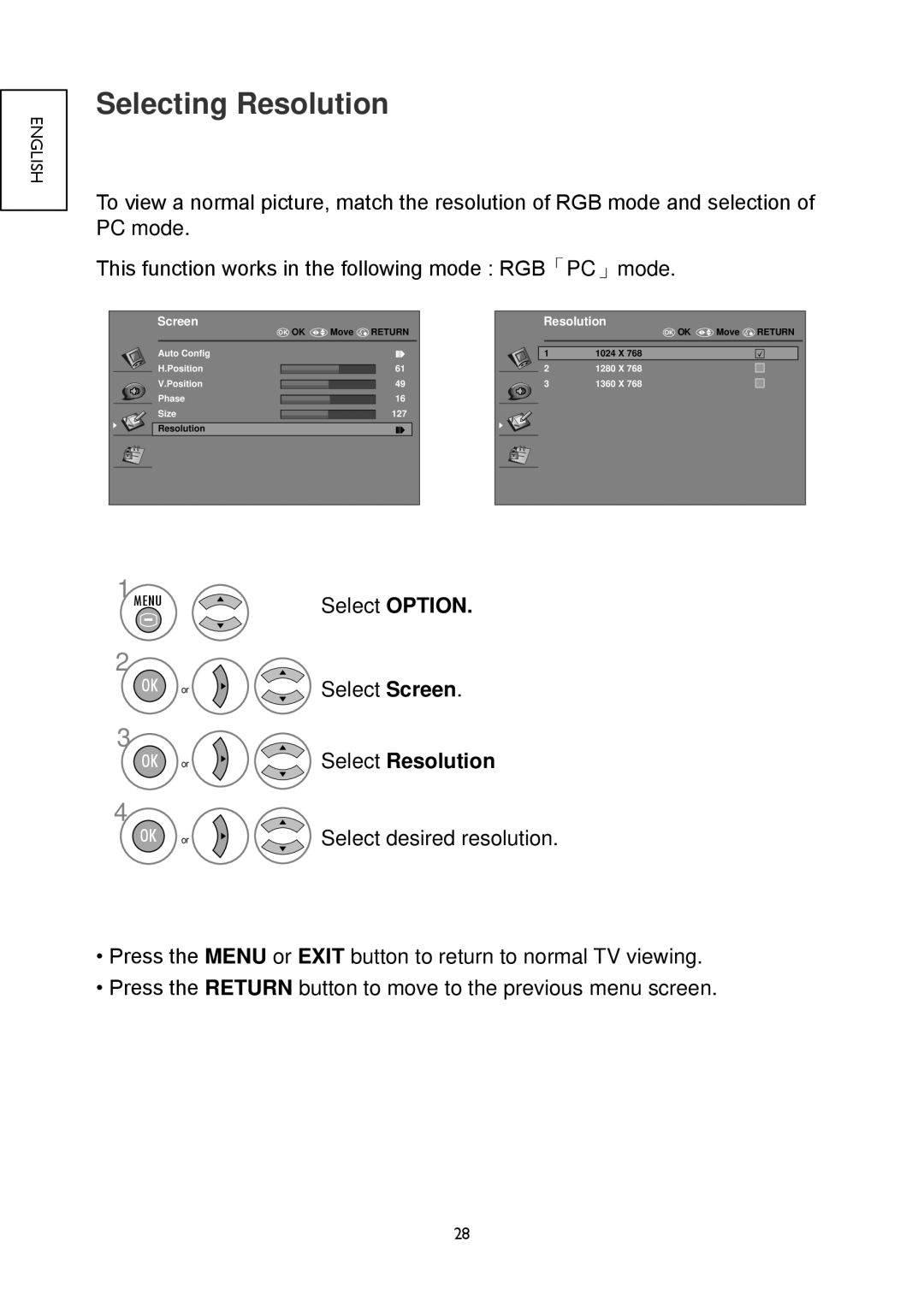 Hitachi 32LD4550C, 32LD4550U, 26LD4550C, 22LD4550C, 19LD4550U, 26LD4550U, 22LD4550U Selecting Resolution, Select Resolution 