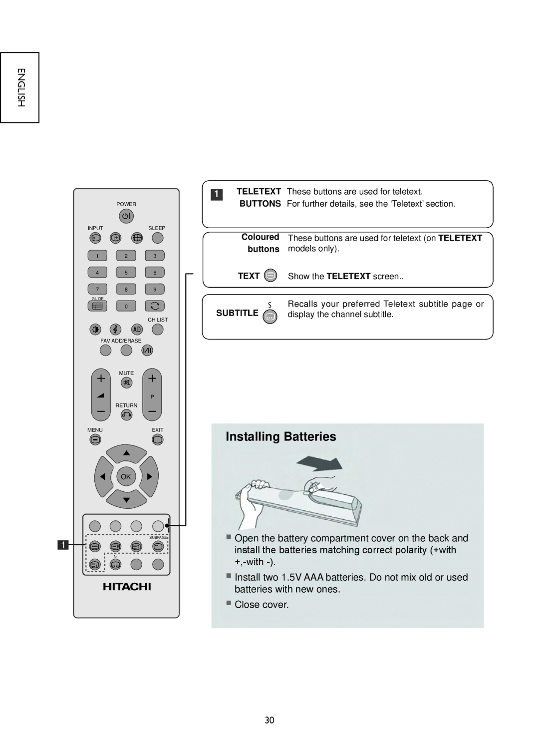 Hitachi 22LD4550C, 32LD4550U, 32LD4550C, 26LD4550C, 19LD4550U, 26LD4550U, 22LD4550U, 19LD4550C user manual Installing Batteries 