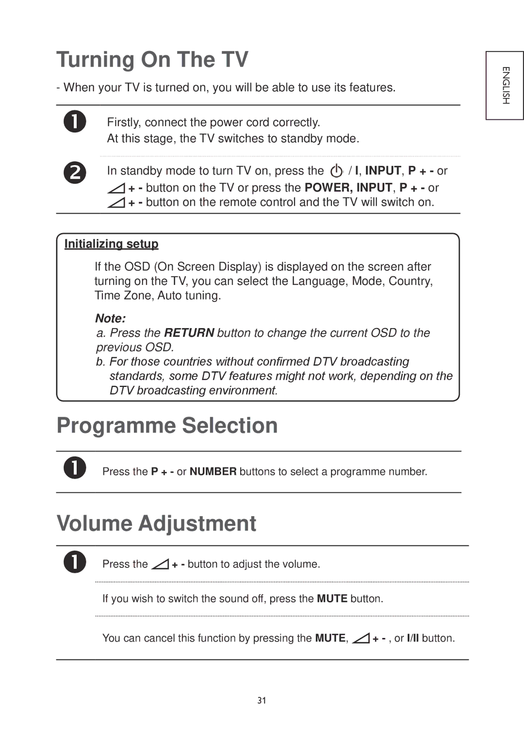 Hitachi 19LD4550U, 32LD4550U, 32LD4550C Turning On The TV, Programme Selection, Volume Adjustment, Initializing setup 