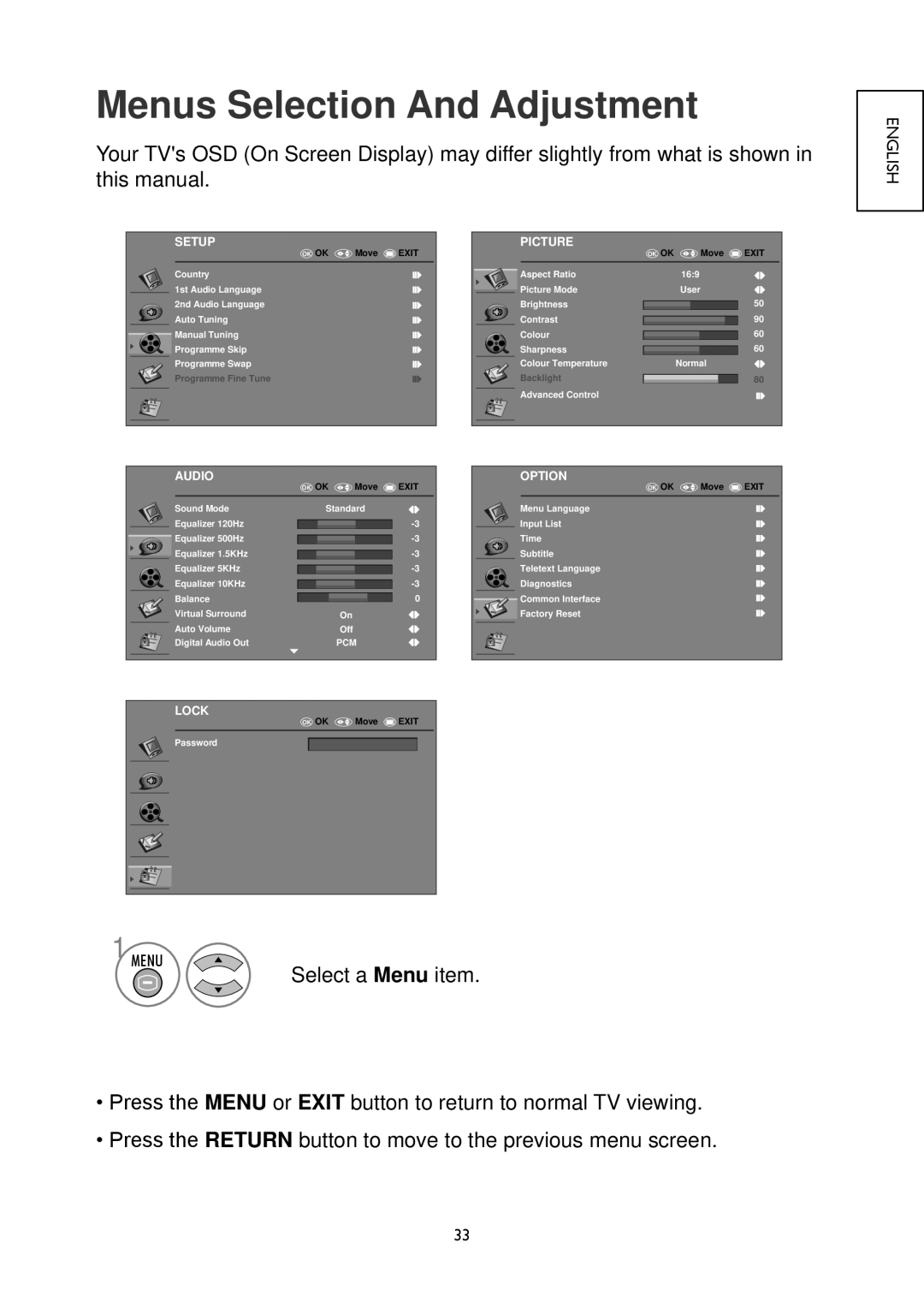 Hitachi 22LD4550U, 32LD4550U, 32LD4550C, 26LD4550C, 22LD4550C, 19LD4550U, 26LD4550U Menus Selection And Adjustment, Setup 