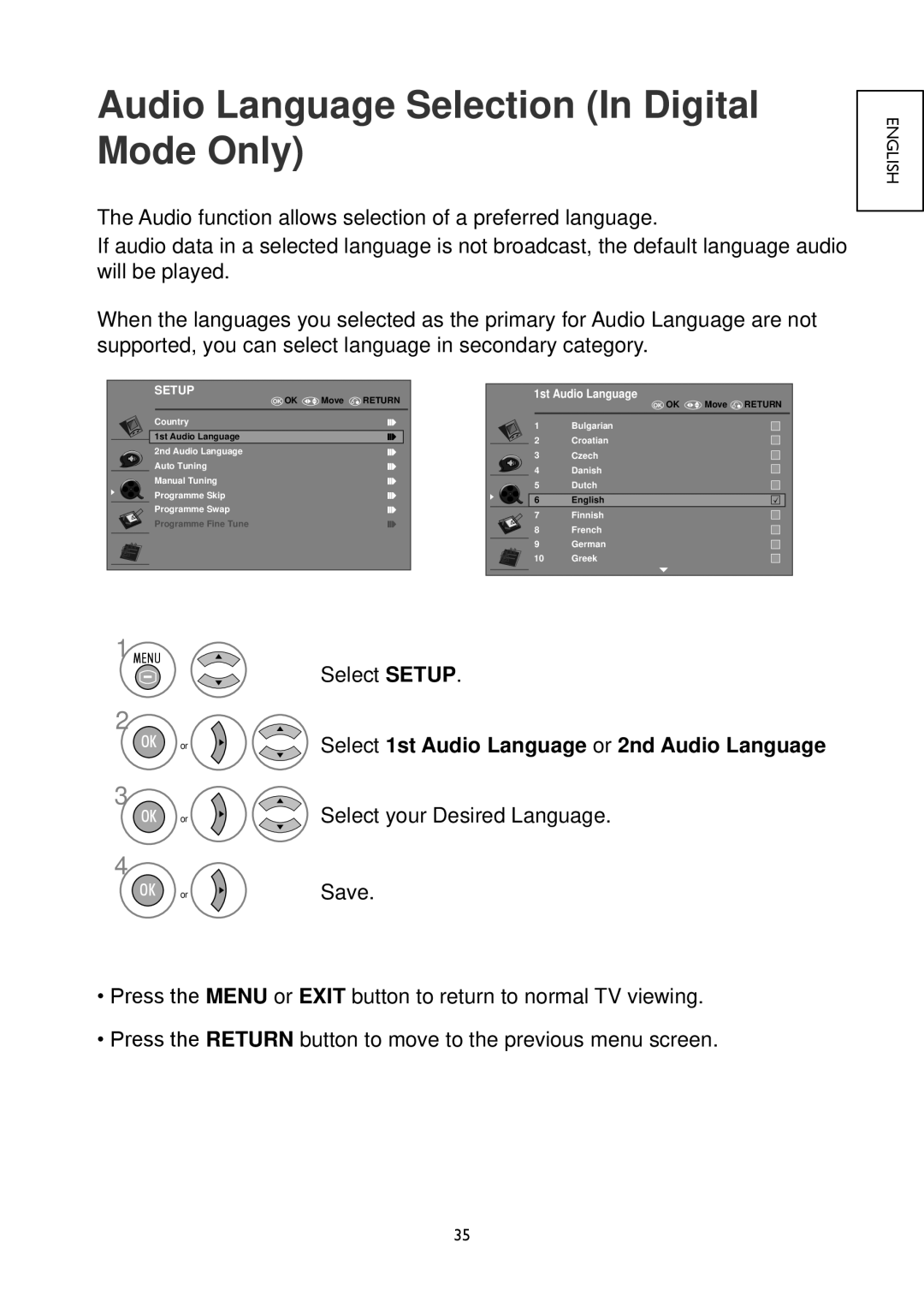 Hitachi 32LD4550U Audio Language Selection In Digital Mode Only, Select 1st Audio Language or 2nd Audio Language 