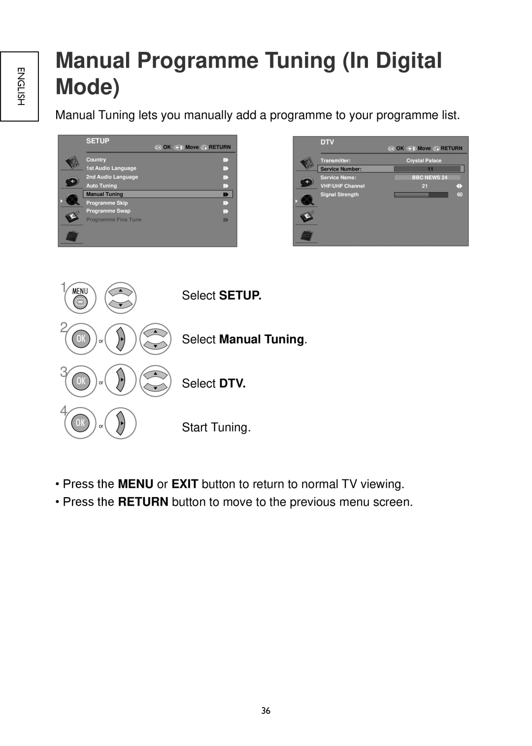 Hitachi 32LD4550C, 32LD4550U, 26LD4550C, 22LD4550C, 19LD4550U, 26LD4550U Manual Programme Tuning In Digital Mode, Dtv 