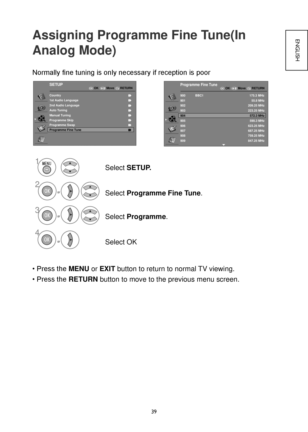 Hitachi 19LD4550U, 32LD4550U, 32LD4550C, 26LD4550C, 22LD4550C Assigning Programme Fine TuneIn Analog Mode, Select Programme 