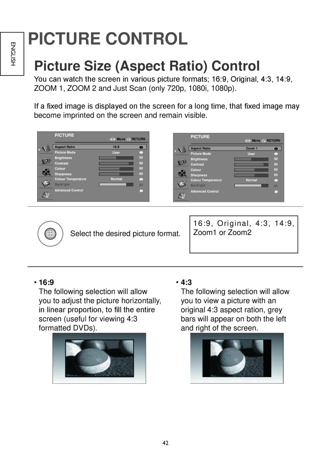 Hitachi 19LD4550C, 32LD4550U, 32LD4550C, 26LD4550C, 22LD4550C Picture Control, Picture Size Aspect Ratio Control, 169 