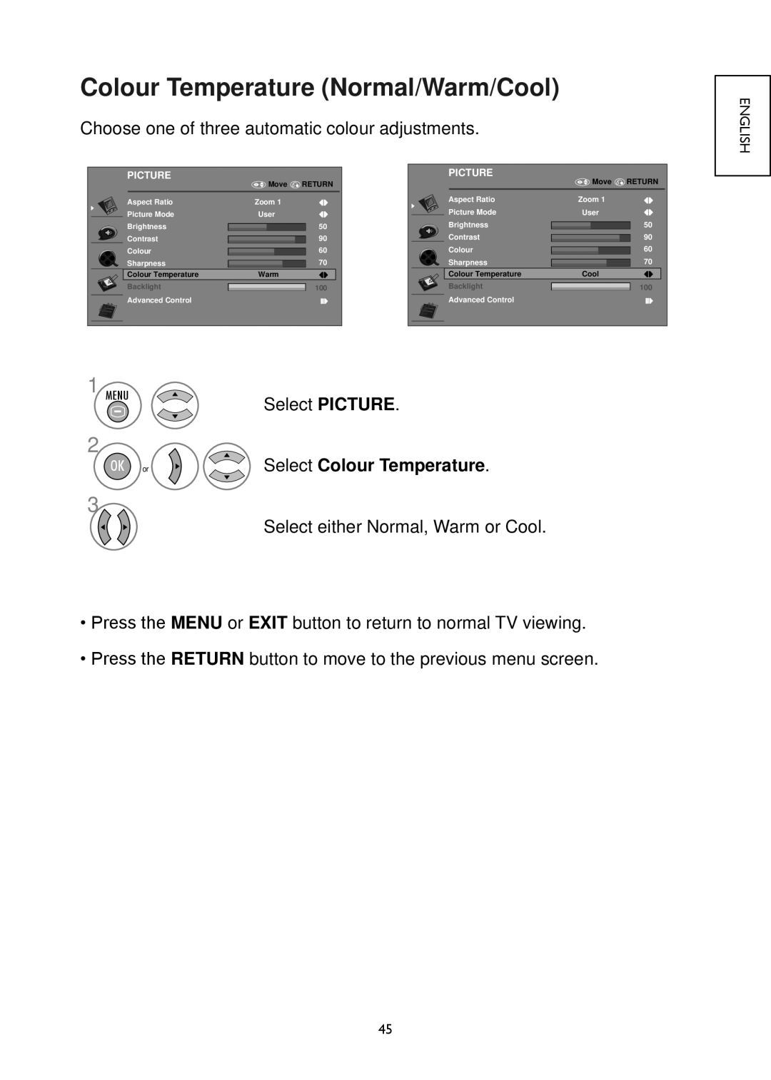 Hitachi 26LD4550C, 32LD4550U, 32LD4550C, 22LD4550C, 19LD4550U Colour Temperature Normal/Warm/Cool, Select Colour Temperature 