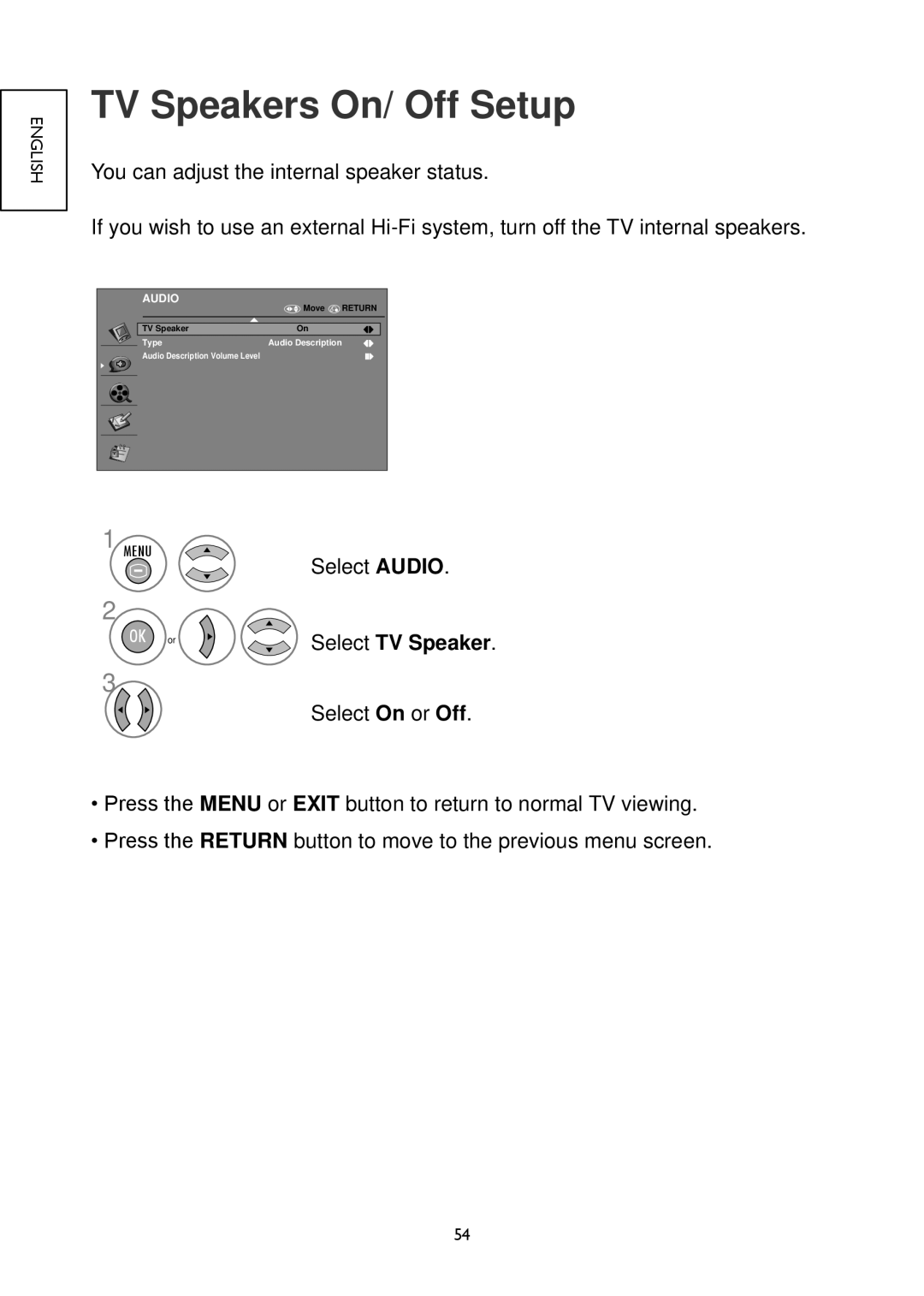 Hitachi 22LD4550C, 32LD4550U, 32LD4550C, 26LD4550C, 19LD4550U, 26LD4550U, 22LD4550U, 19LD4550C TV Speakers On/ Off Setup 