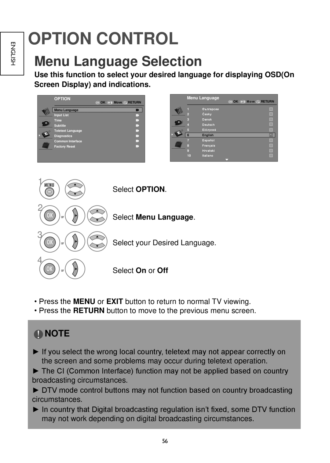 Hitachi 26LD4550U, 32LD4550U, 32LD4550C, 26LD4550C, 22LD4550C Option Control, Menu Language Selection, Select Menu Language 