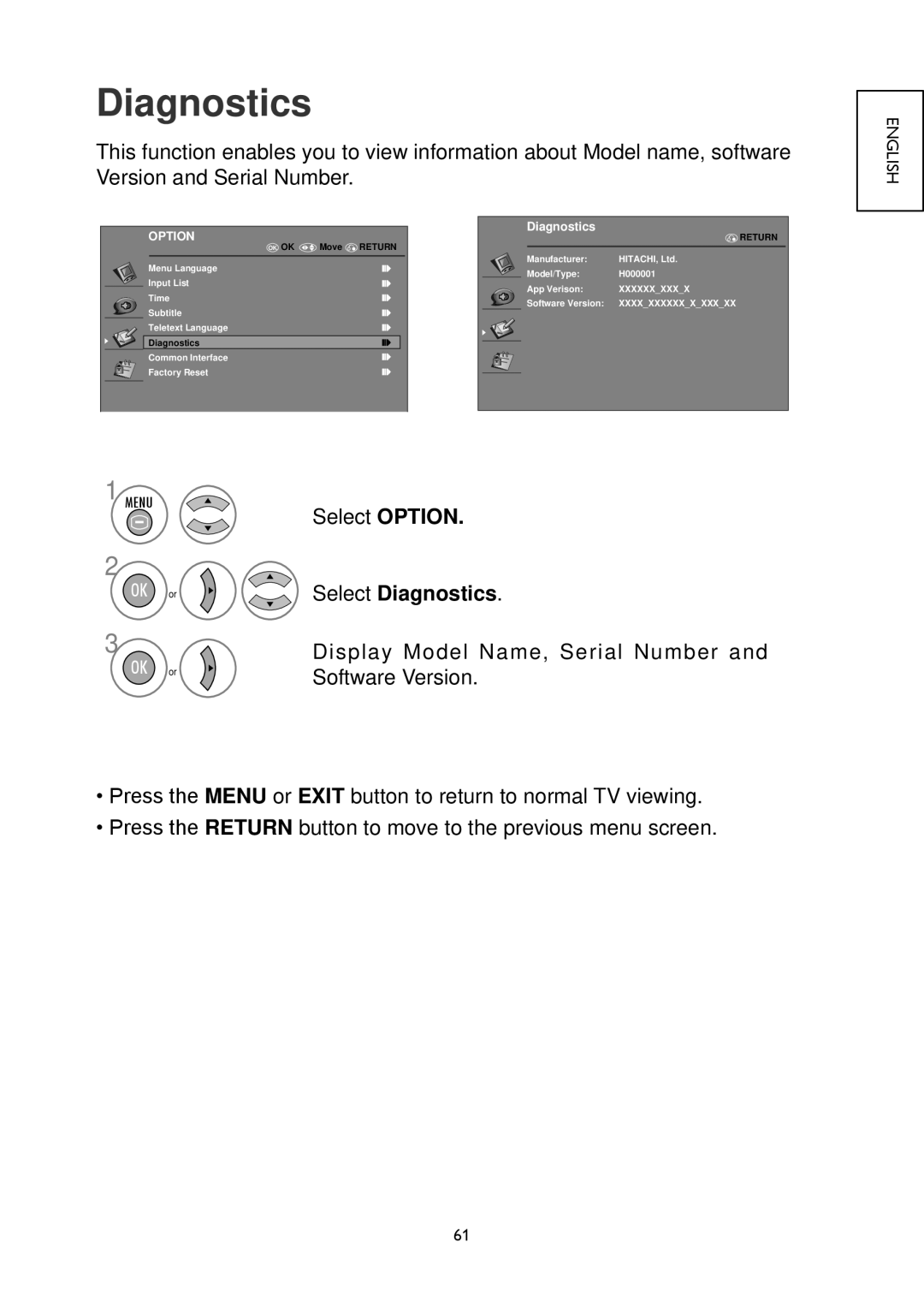 Hitachi 26LD4550C, 32LD4550U, 32LD4550C, 22LD4550C, 19LD4550U, 26LD4550U, 22LD4550U, 19LD4550C user manual Select Diagnostics 