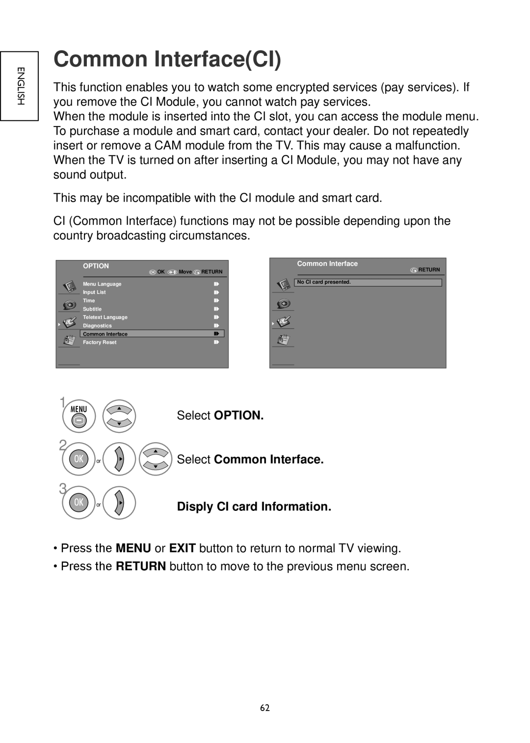 Hitachi 22LD4550C, 32LD4550U Common InterfaceCI, Select Option, Select Common Interface, Disply CI card Information 