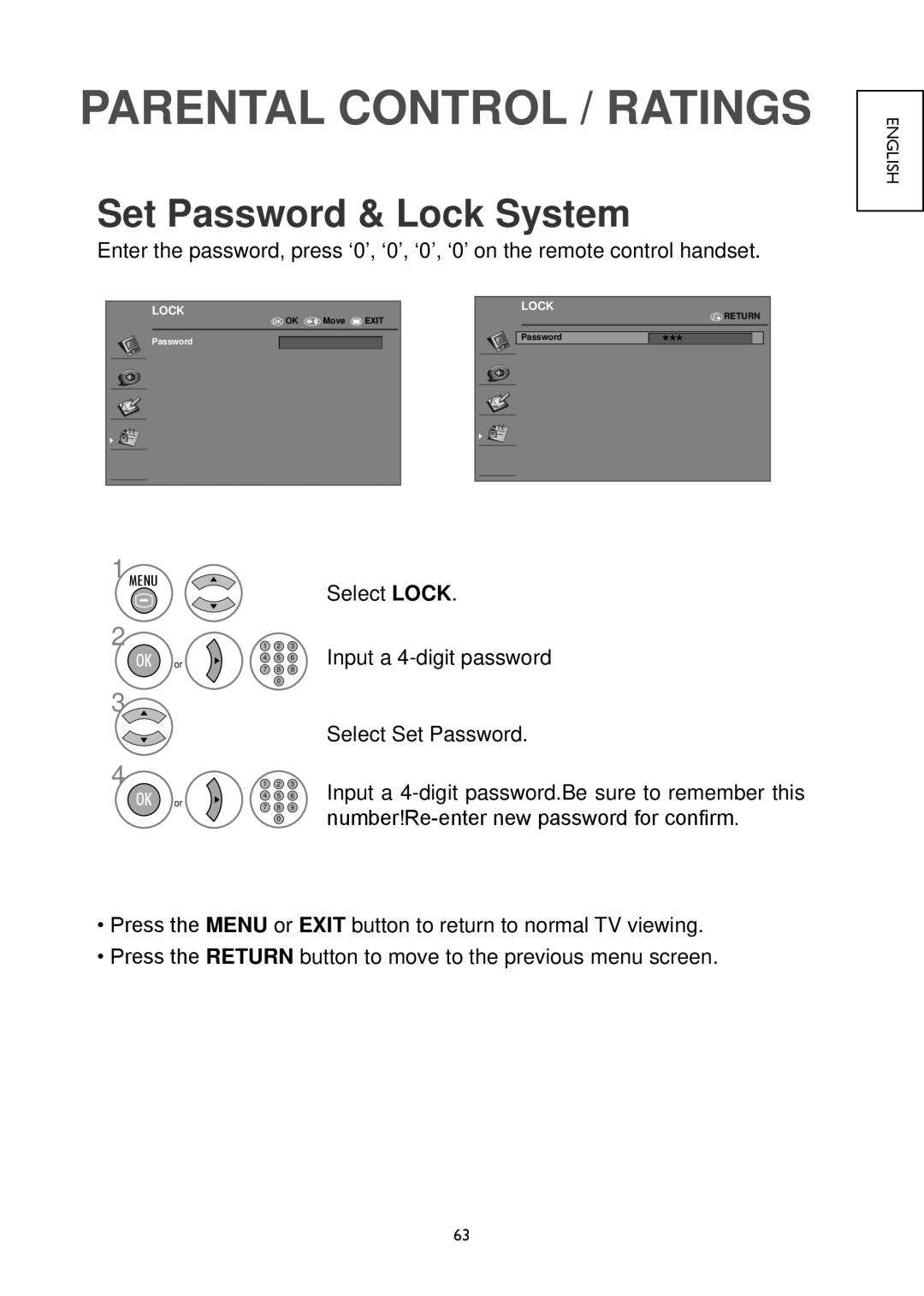 Hitachi 19LD4550U, 32LD4550U, 32LD4550C, 26LD4550C, 22LD4550C Parental Control / Ratings, Set Password & Lock System 