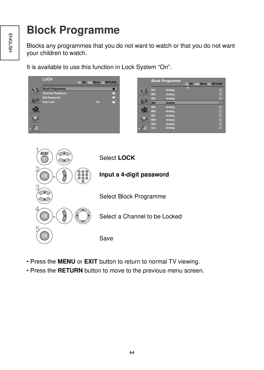 Hitachi 26LD4550U, 32LD4550U, 32LD4550C, 26LD4550C, 22LD4550C, 19LD4550U, 22LD4550U Block Programme, Input a 4-digit password 