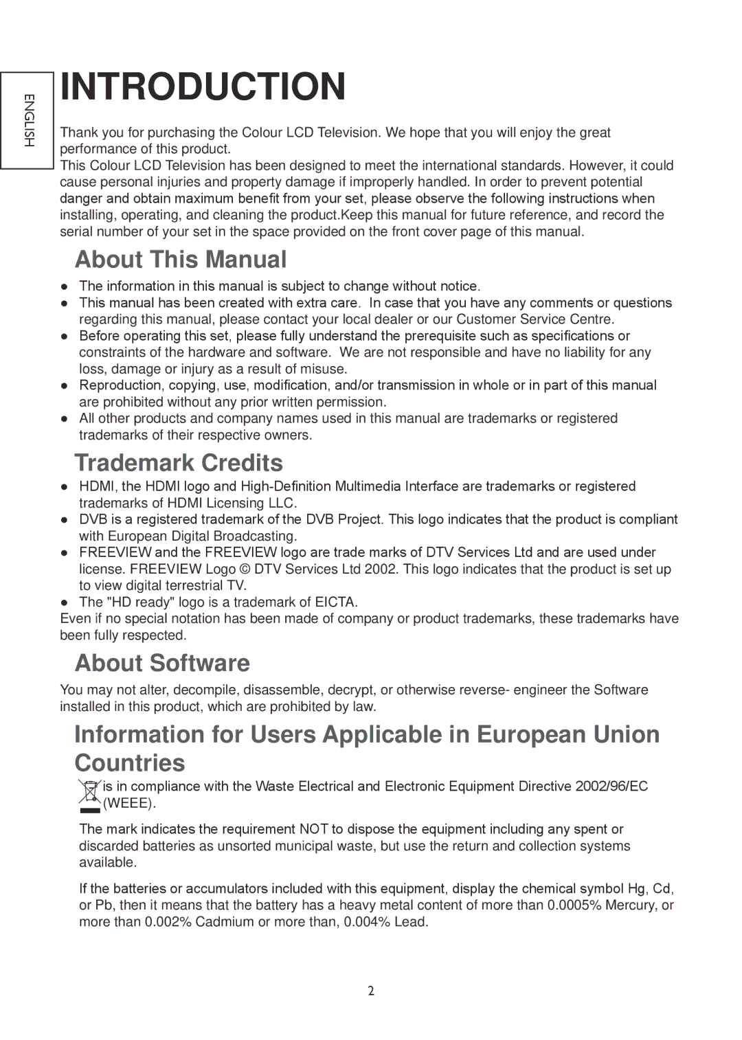 Hitachi 19LD4550C, 32LD4550U, 32LD4550C, 26LD4550C, 22LD4550C, 19LD4550U About This Manual, Trademark Credits, About Software 