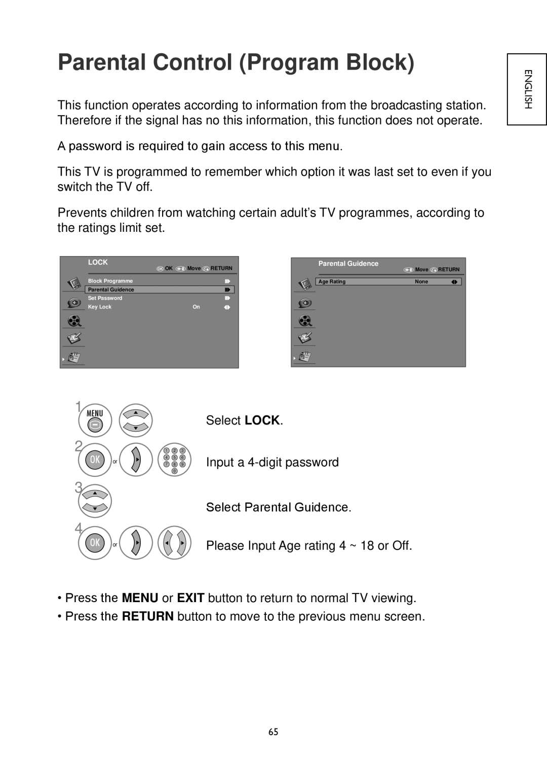 Hitachi 22LD4550U, 32LD4550U, 32LD4550C, 26LD4550C, 22LD4550C, 19LD4550U, 26LD4550U, 19LD4550C Parental Control Program Block 