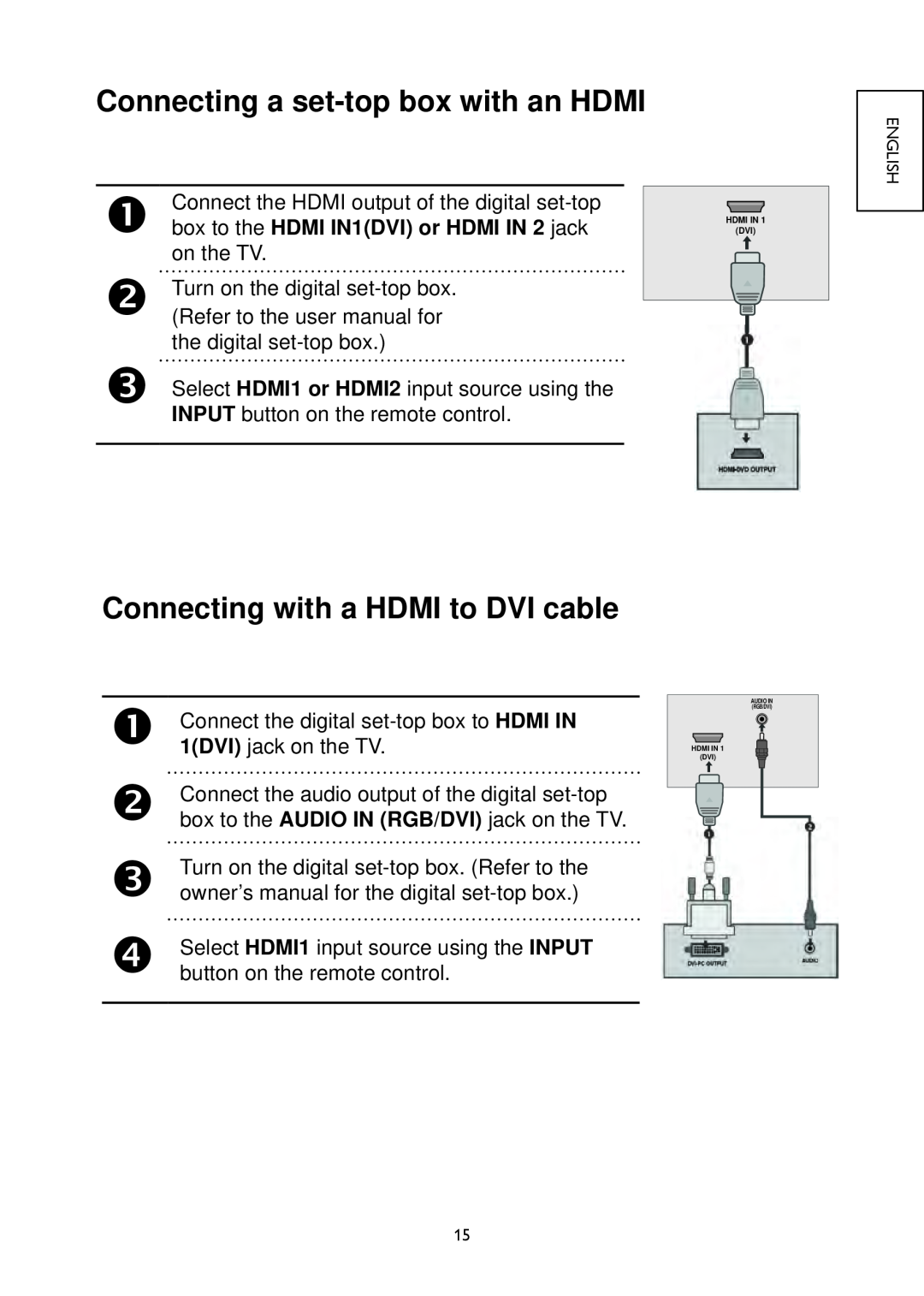Hitachi 19LD4550U, 32LD4550U, 32LD4550C Connecting a set-top box with an HDMI, Connecting with a HDMI to DVI cable 