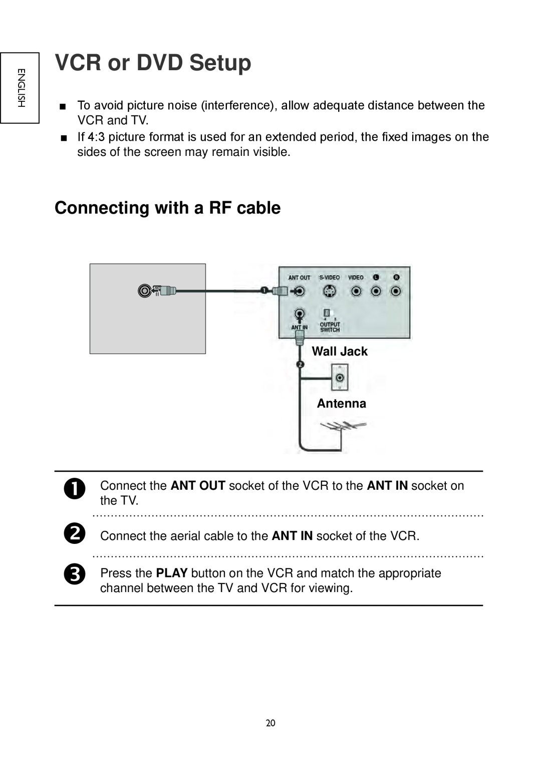 Hitachi 32LD4550C, 32LD4550U, 26LD4550C, 22LD4550C, 19LD4550U VCR or DVD Setup, Connecting with a RF cable, Wall Jack Antenna 