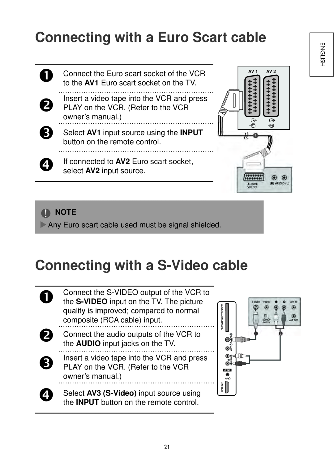 Hitachi 26LD4550C, 32LD4550U, 32LD4550C Connecting with a Euro Scart cable, Connecting with a S-Video cable, AV 1 AV 