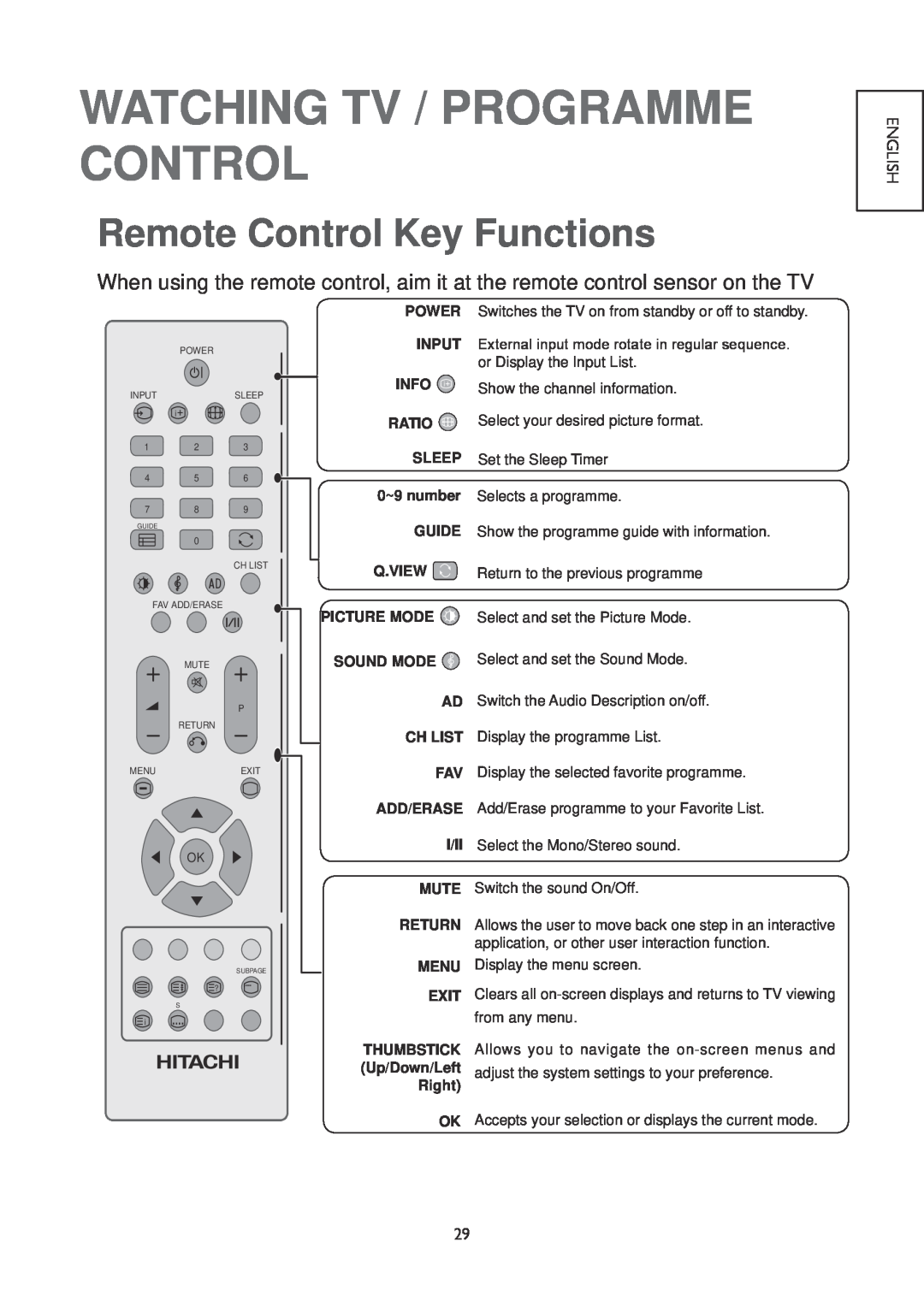 Hitachi 26LD4550C, 32LD4550U, 32LD4550C, 22LD4550C, 19LD4550U Watching Tv / Programme Control, Remote Control Key Functions 