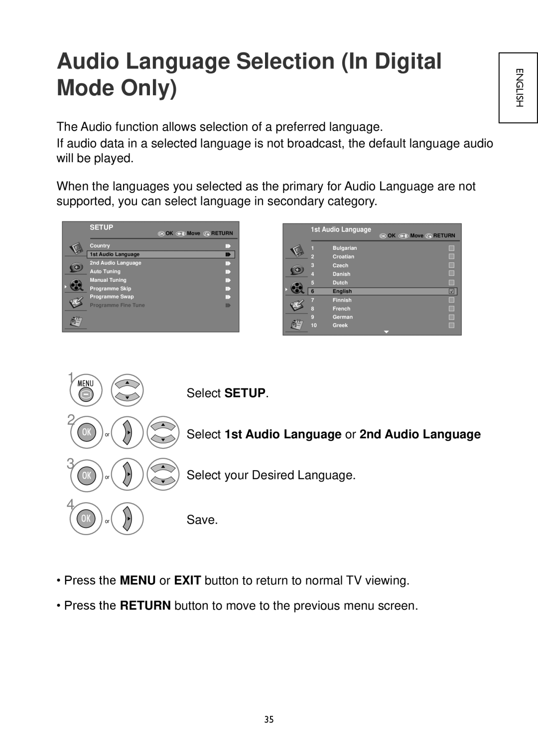 Hitachi 32LD4550U Audio Language Selection In Digital Mode Only, Select 1st Audio Language or 2nd Audio Language 