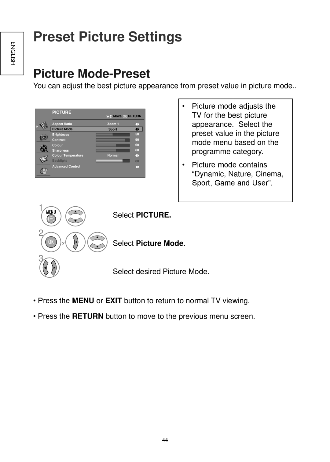 Hitachi 32LD4550C, 32LD4550U Preset Picture Settings, Picture Mode-Preset, Select PICTURE, OK or Select Picture Mode 