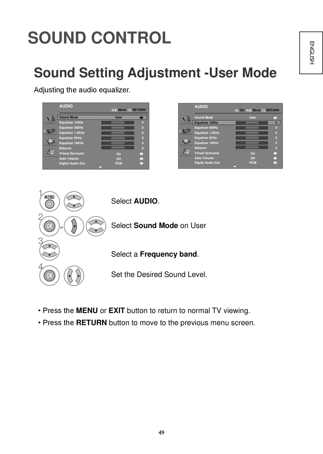 Hitachi 22LD4550U, 32LD4550U, 32LD4550C Sound Control, Sound Setting Adjustment -User Mode, Select a Frequency band 
