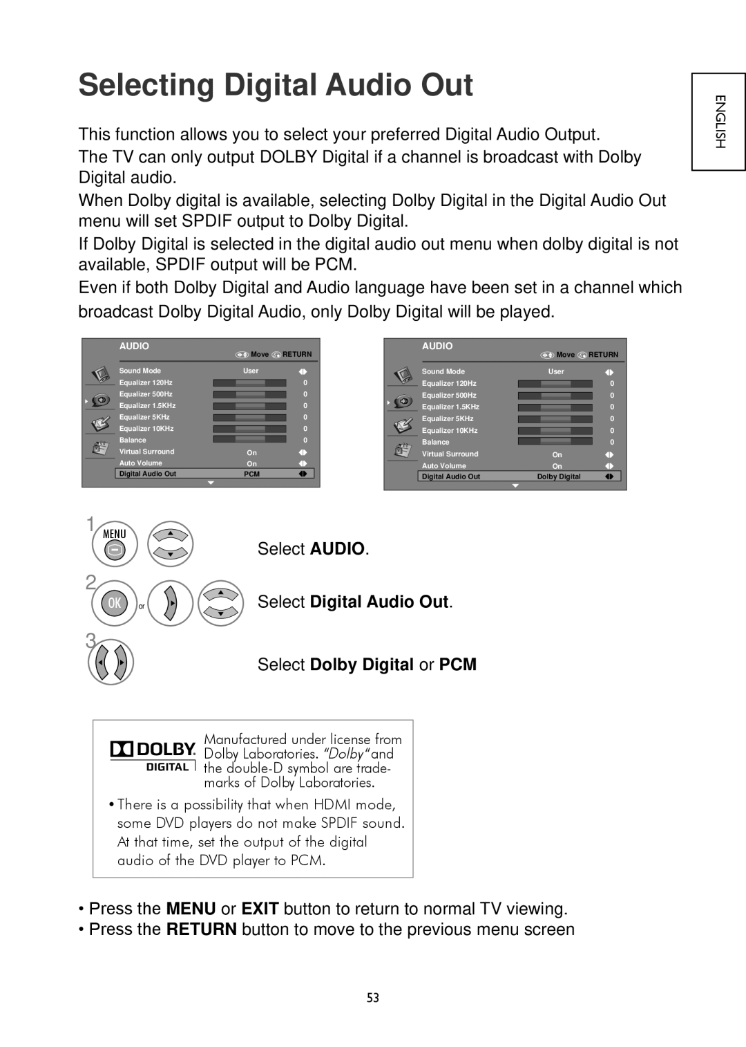 Hitachi 26LD4550C, 32LD4550U, 32LD4550C Selecting Digital Audio Out, Select Digital Audio Out, Select Dolby Digital or PCM 