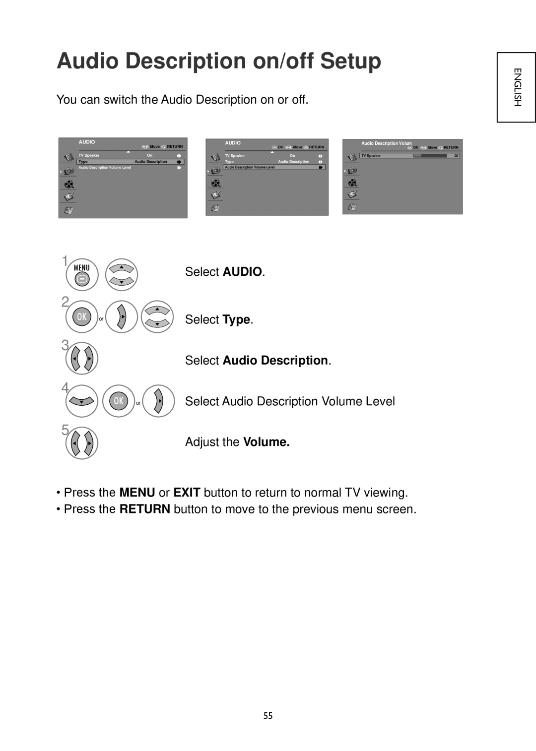 Hitachi 19LD4550U, 32LD4550U, 32LD4550C, 26LD4550C, 22LD4550C Audio Description on/off Setup, Select Audio Description 