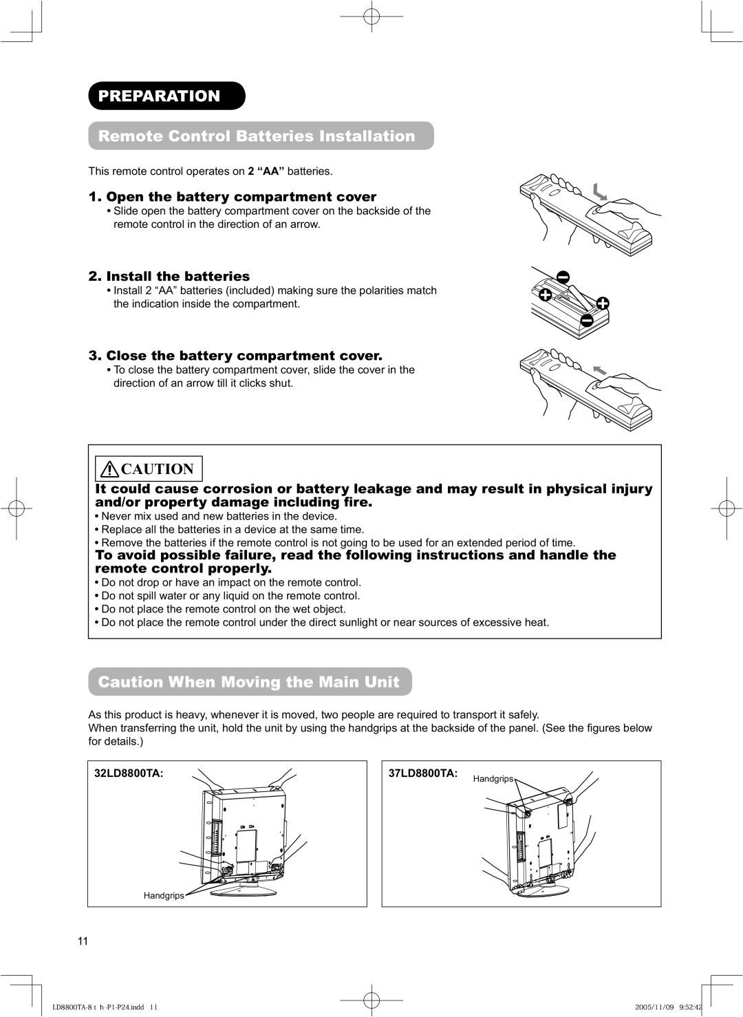 Hitachi 32LD8800TA PREPARATION Remote Control Batteries Installation, Caution When Moving the Main Unit, 37LD8800TA 