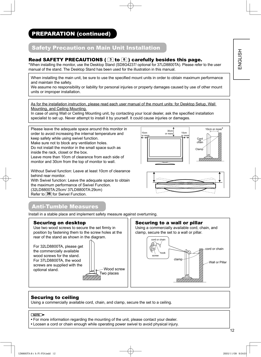 Hitachi 37LD8800TA PREPARATION continued Safety Precaution on Main Unit Installation, Anti-Tumble Measures, English 
