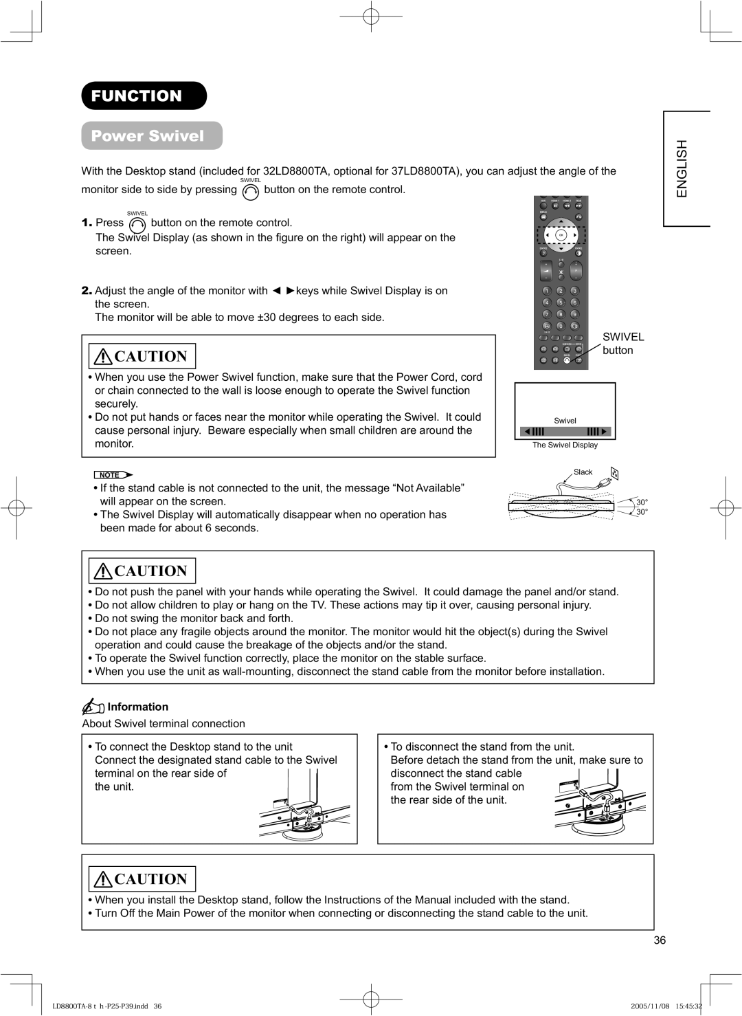 Hitachi 37LD8800TA, 32LD8800TA user manual FUNCTION Power Swivel, English, Information 