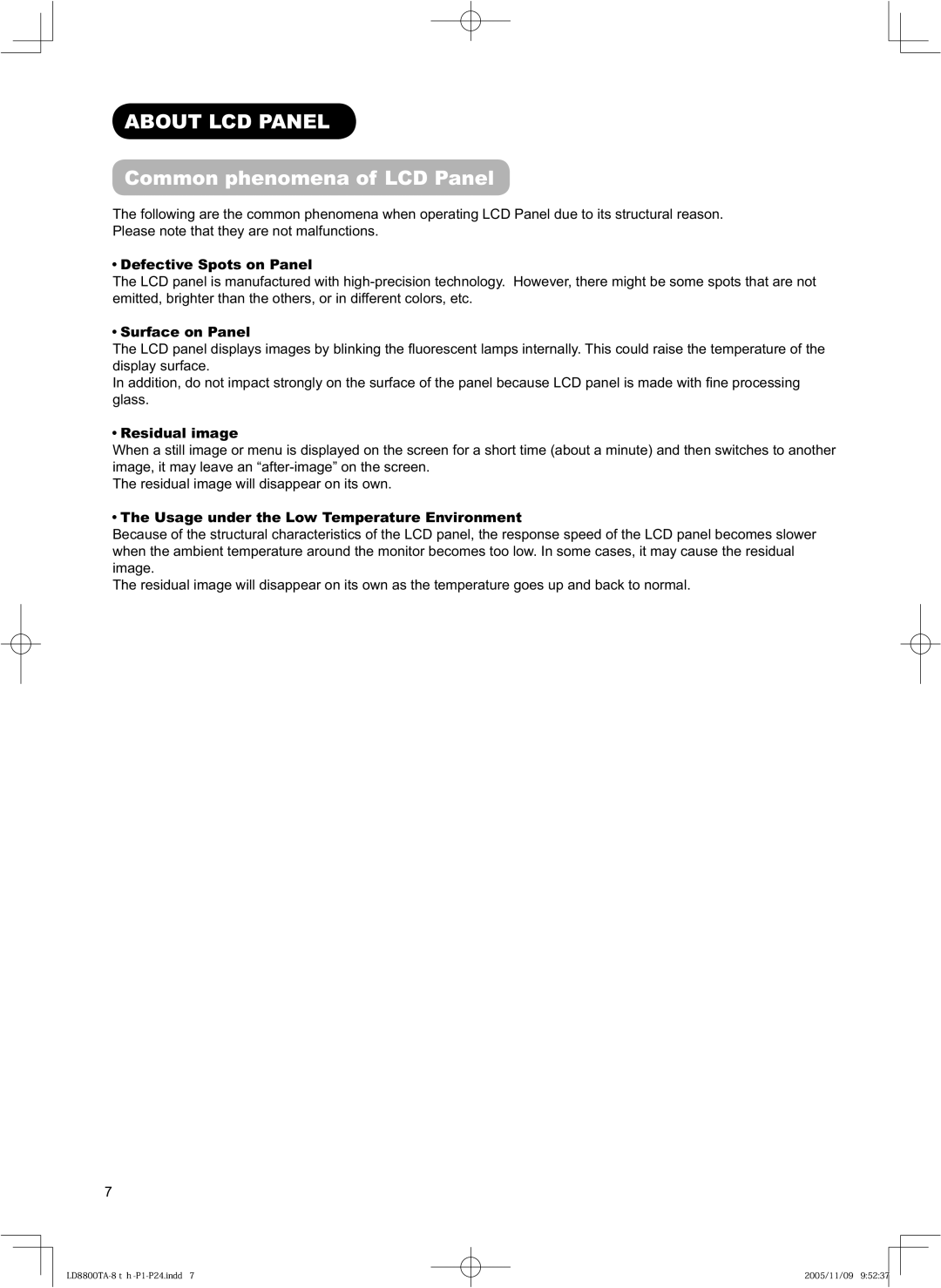 Hitachi 32LD8800TA, 37LD8800TA user manual About LCD Panel, Common phenomena of LCD Panel 