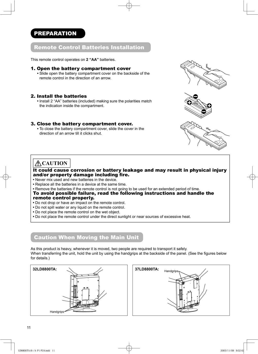 Hitachi 32LD8800TA, 37LD8800TA Preparation, Remote Control Batteries Installation, Open the battery compartment cover 