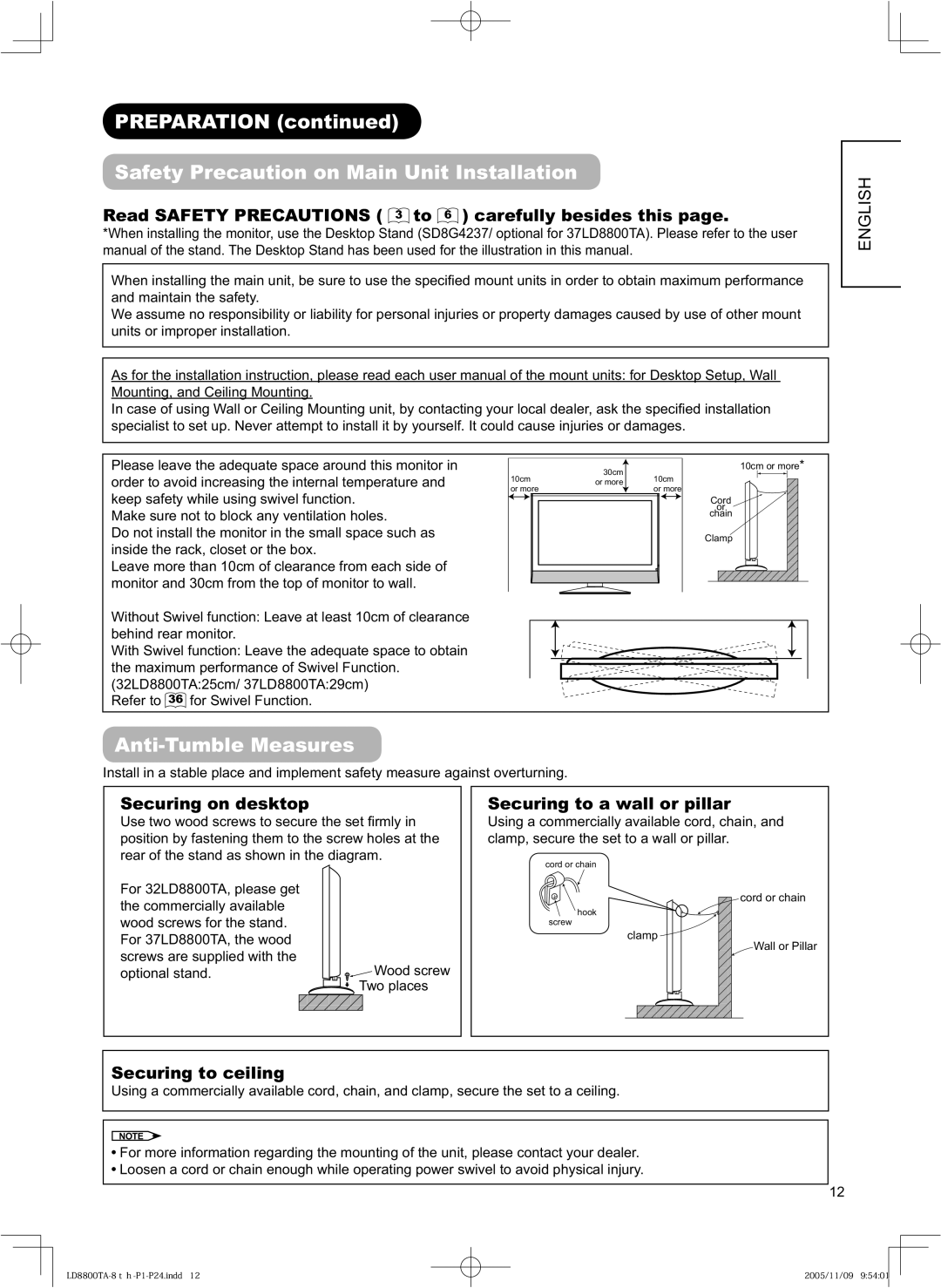 Hitachi 37LD8800TA, 32LD8800TA user manual Preparation Safety Precaution on Main Unit Installation, Anti-Tumble Measures 