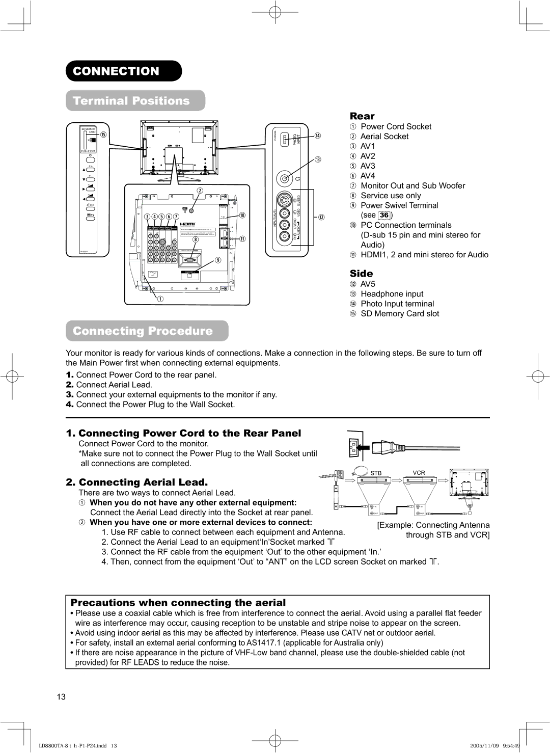 Hitachi 32LD8800TA, 37LD8800TA user manual Connection, Terminal Positions, Connecting Procedure 