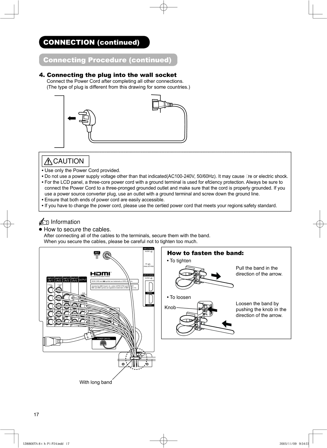 Hitachi 32LD8800TA Connecting the plug into the wall socket, Information How to secure the cables, How to fasten the band 