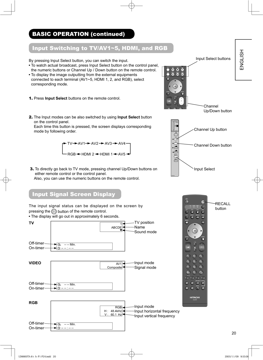 Hitachi 37LD8800TA, 32LD8800TA Basic Operation Input Switching to TV/AV1~5, HDMI, and RGB, Input Signal Screen Display 