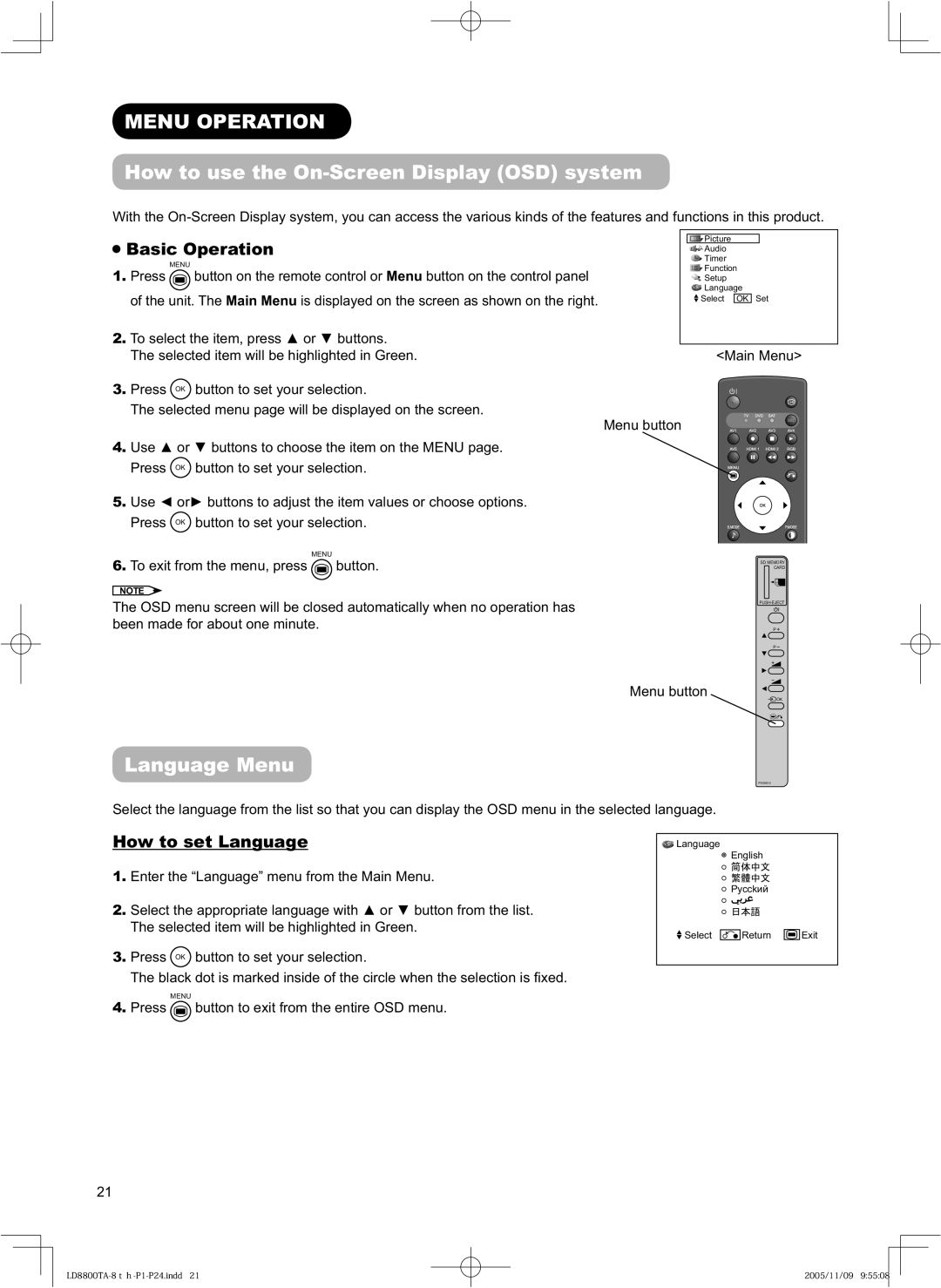 Hitachi 32LD8800TA, 37LD8800TA Menu Operation, How to use the On-Screen Display OSD system, Language Menu, Basic Operation 