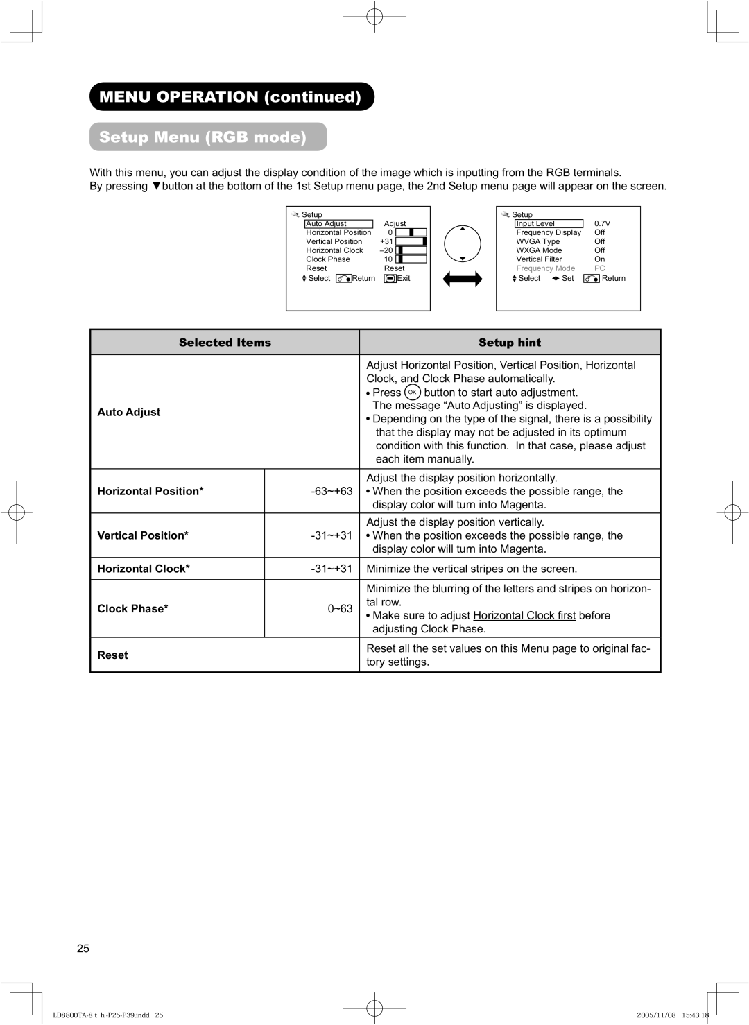 Hitachi 32LD8800TA, 37LD8800TA user manual Menu Operation Setup Menu RGB mode 