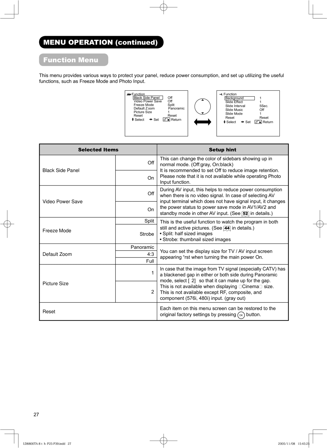 Hitachi 32LD8800TA, 37LD8800TA user manual Menu Operation Function Menu 