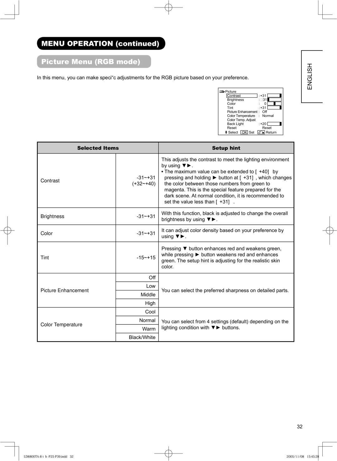 Hitachi 37LD8800TA, 32LD8800TA user manual Menu Operation Picture Menu RGB mode, Picture Enhancement 