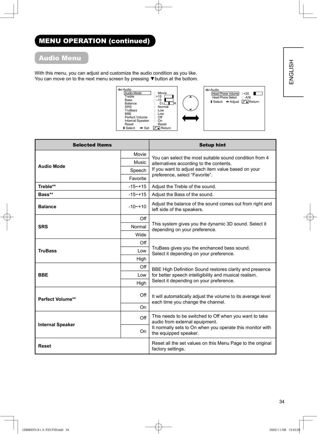 Hitachi 37LD8800TA, 32LD8800TA user manual Menu Operation Audio Menu 