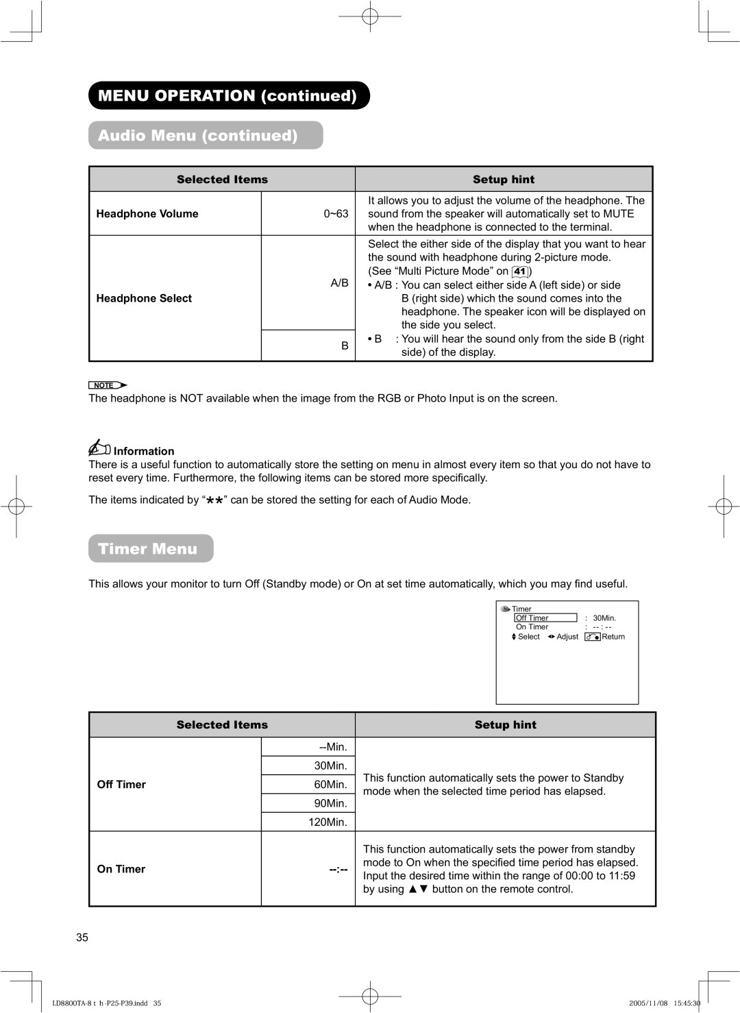 Hitachi 32LD8800TA, 37LD8800TA user manual Timer Menu, Headphone Volume, Headphone Select, Off Timer, On Timer 