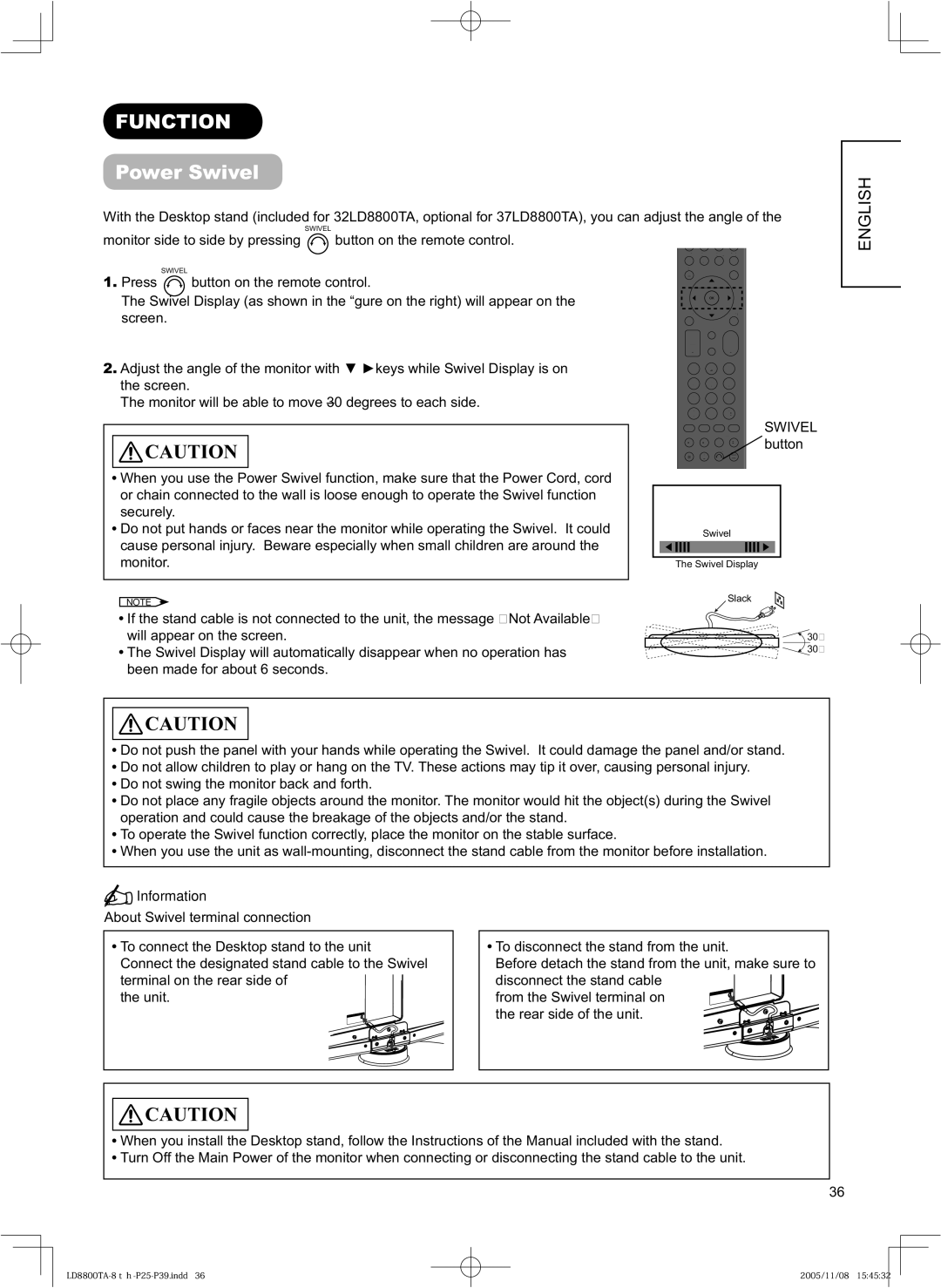 Hitachi 37LD8800TA, 32LD8800TA user manual Function, Power Swivel 