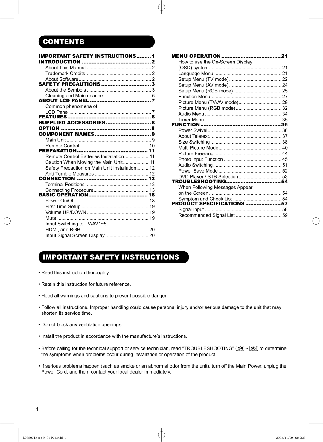 Hitachi 32LD8800TA, 37LD8800TA user manual Contents, Important Safety Instructions 