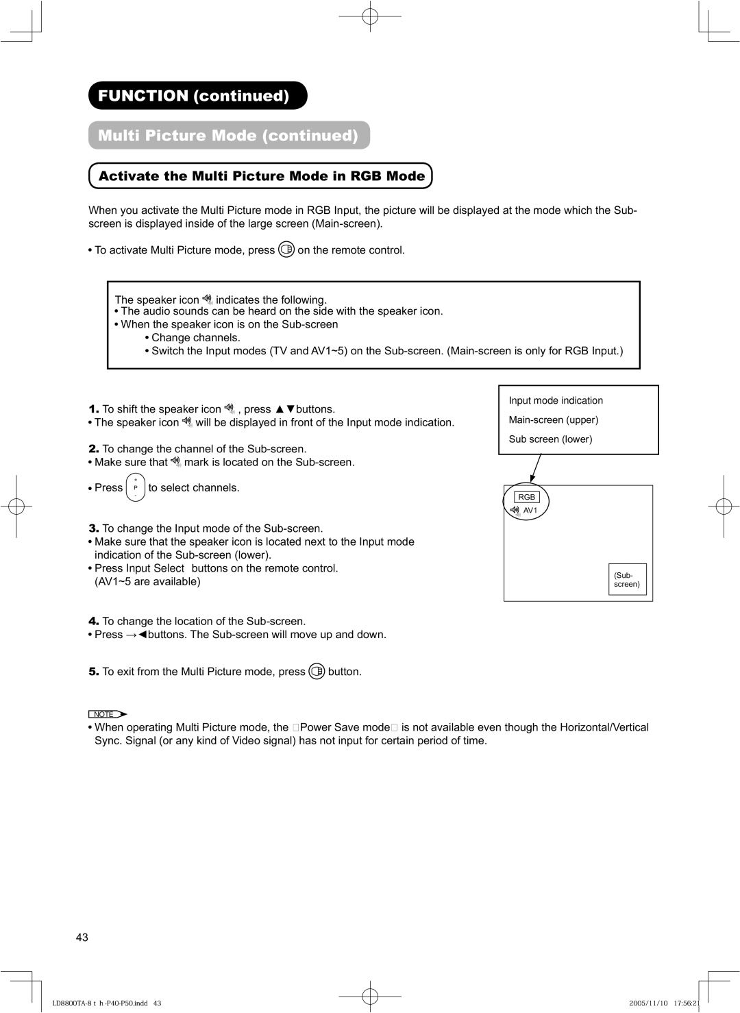 Hitachi 32LD8800TA, 37LD8800TA user manual Activate the Multi Picture Mode in RGB Mode 