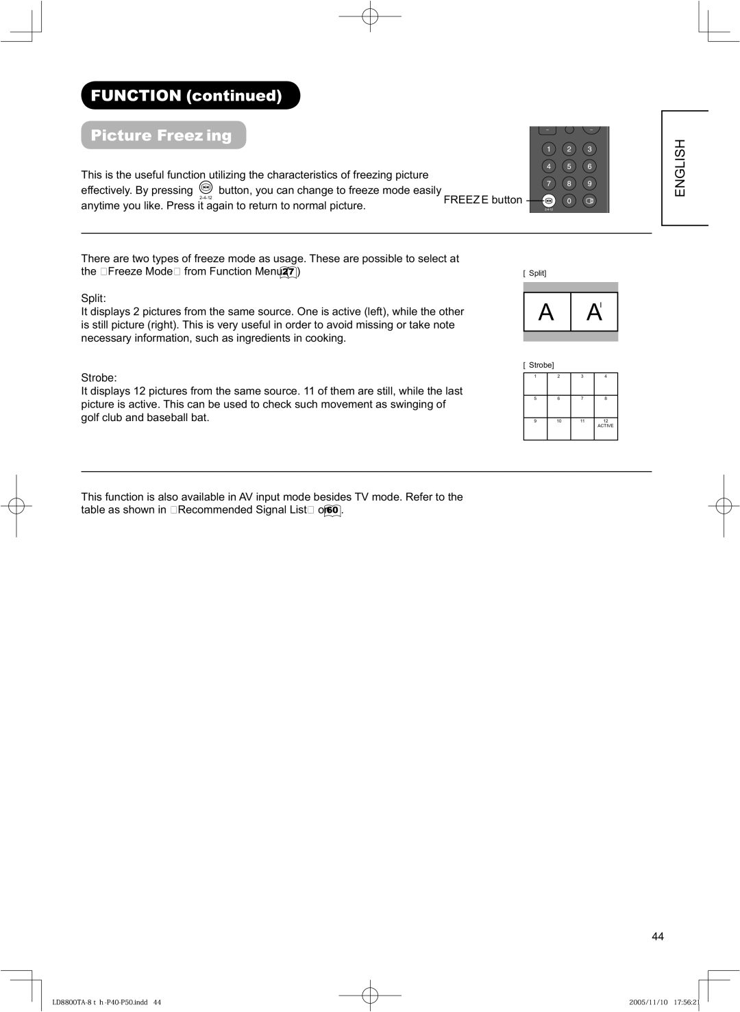 Hitachi 37LD8800TA, 32LD8800TA user manual Function Picture Freezing, Split, Strobe 