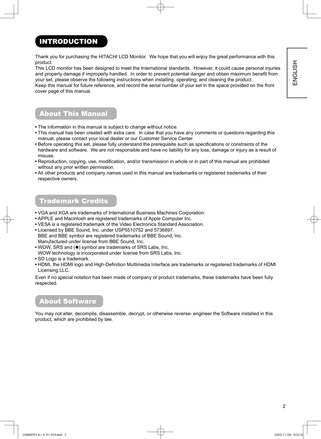 Hitachi 37LD8800TA, 32LD8800TA user manual Introduction, About This Manual, Trademark Credits, About Software 