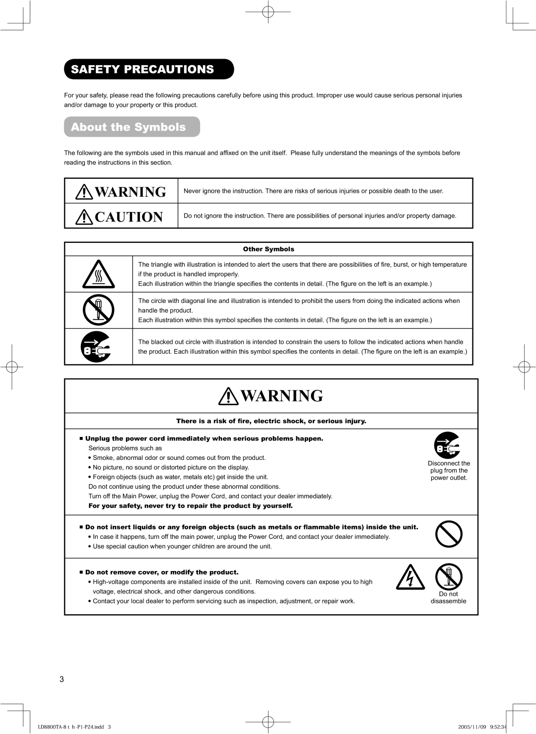 Hitachi 32LD8800TA, 37LD8800TA user manual Safety Precautions, About the Symbols 