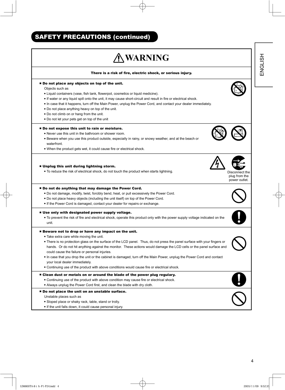 Hitachi 37LD8800TA, 32LD8800TA user manual Safety Precautions, Do not expose this unit to rain or moisture 