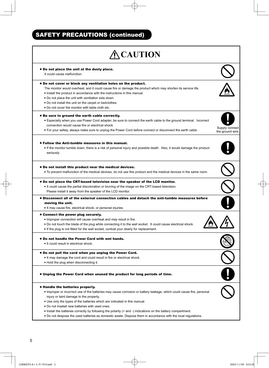 Hitachi 32LD8800TA, 37LD8800TA user manual Do not place the unit at the dusty place 