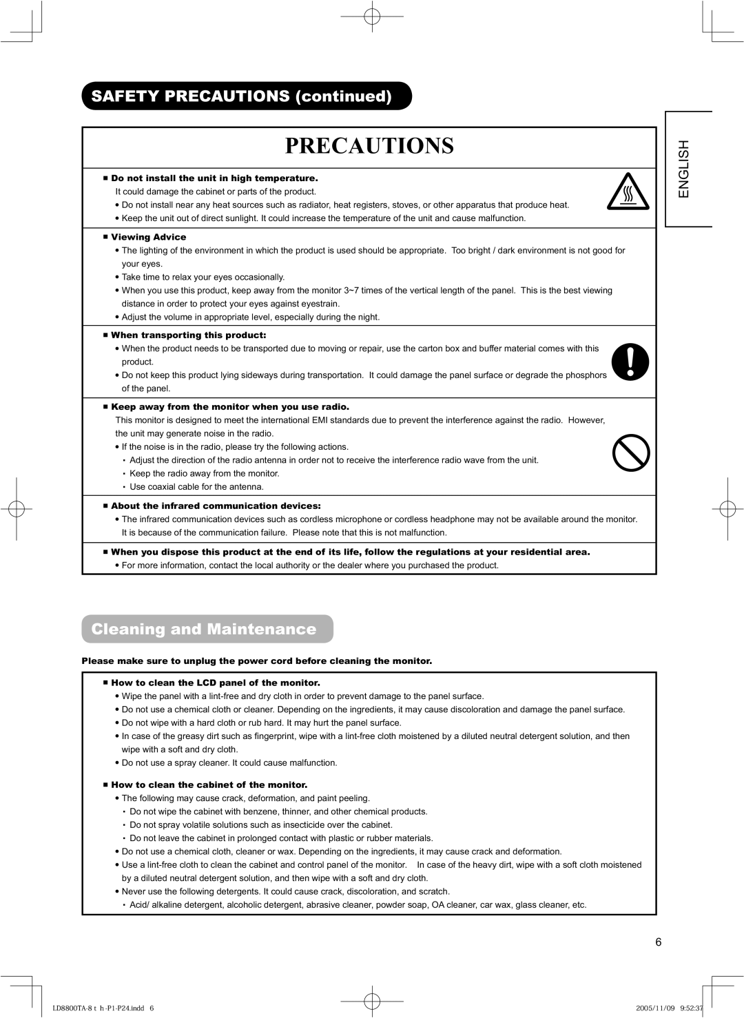 Hitachi 37LD8800TA, 32LD8800TA user manual Precautions, Cleaning and Maintenance 